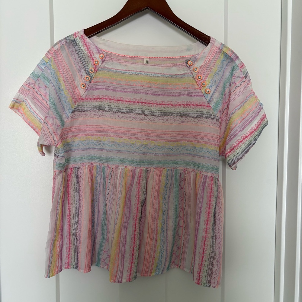 By Anthropologie Letty Embroidered Cotton Babydoll Top - XS